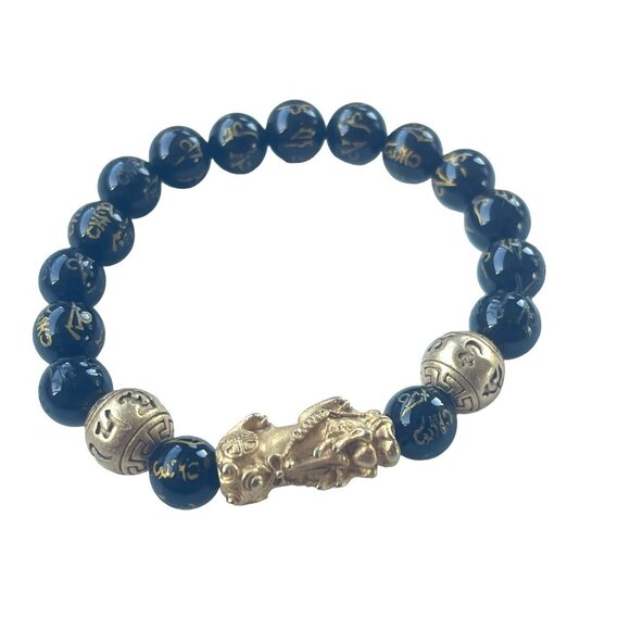 Feng Shui Black Obsidian Bead Bracelet with Gold Pixiu Charm for Protection and - Picture 1 of 6